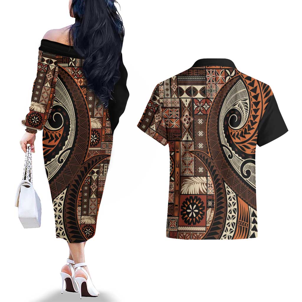 Vintage Samoa Siapo Mamanu Couples Matching Off The Shoulder Long Sleeve Dress and Hawaiian Shirt Brown Samoan Tapa Motif - Polynesian Pride