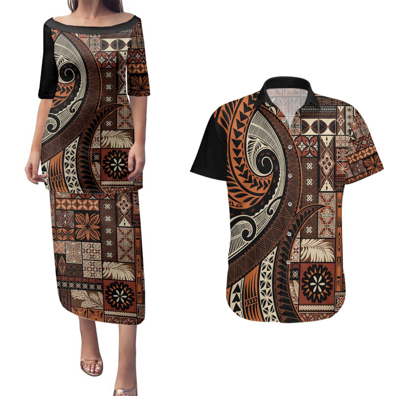 Vintage Samoa Siapo Mamanu Couples Matching Puletasi and Hawaiian Shirt Brown Samoan Tapa Motif LT9 Brown - Polynesian Pride