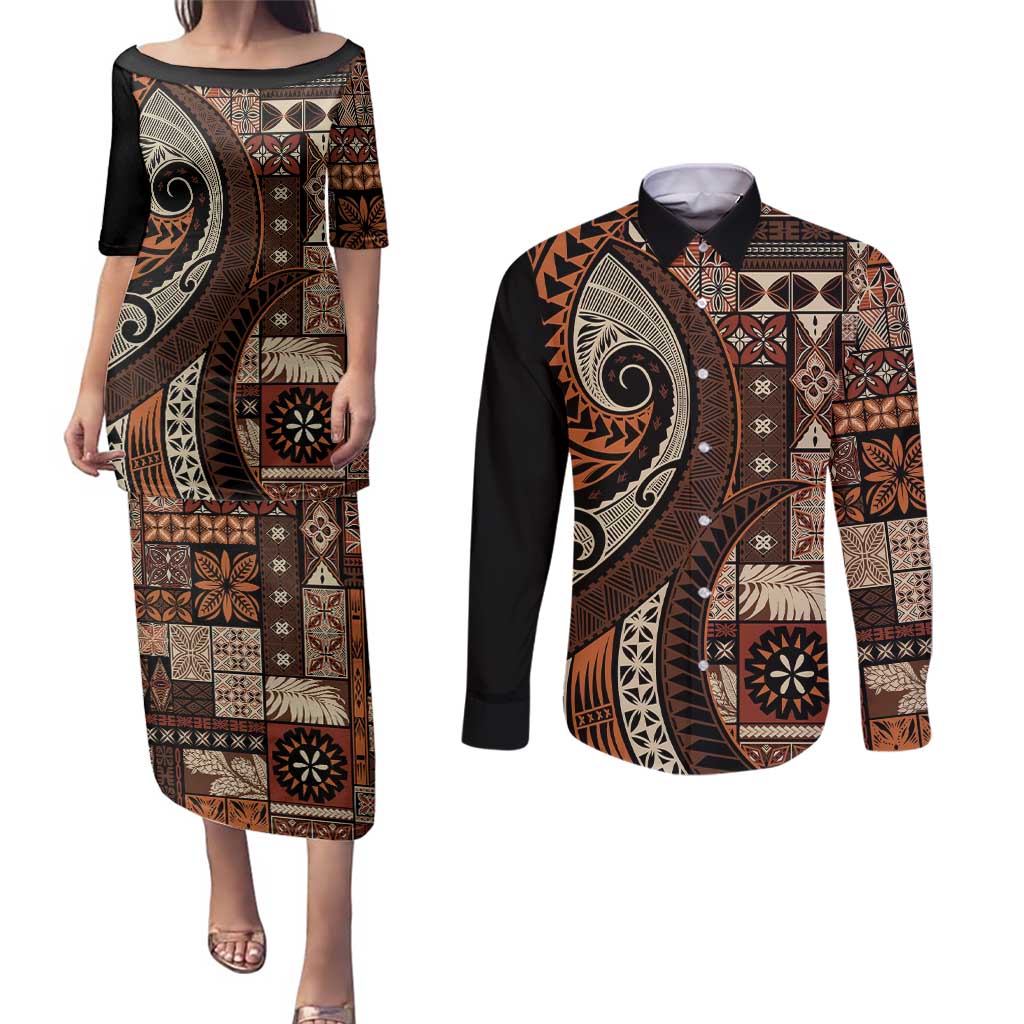 Vintage Samoa Siapo Mamanu Couples Matching Puletasi and Long Sleeve Button Shirt Brown Samoan Tapa Motif - Polynesian Pride