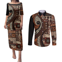 Vintage Samoa Siapo Mamanu Couples Matching Puletasi and Long Sleeve Button Shirt Brown Samoan Tapa Motif - Polynesian Pride