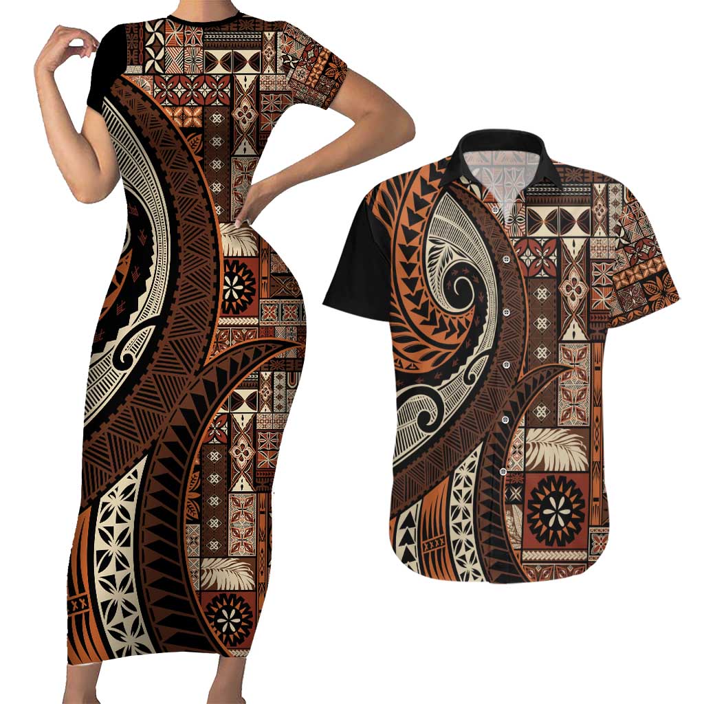 Vintage Samoa Siapo Mamanu Couples Matching Short Sleeve Bodycon Dress and Hawaiian Shirt Brown Samoan Tapa Motif LT9 Brown - Polynesian Pride