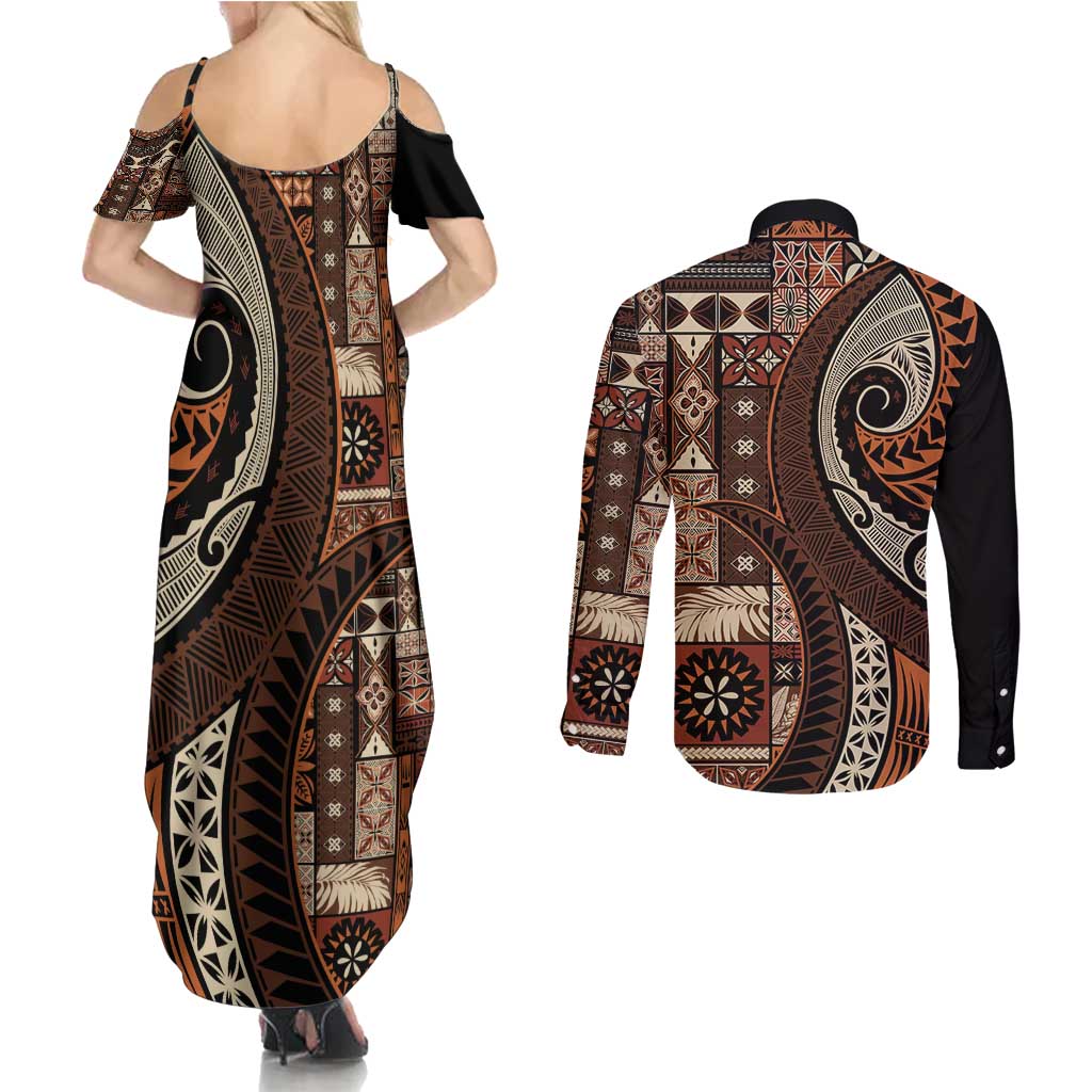 Vintage Samoa Siapo Mamanu Couples Matching Summer Maxi Dress and Long Sleeve Button Shirt Brown Samoan Tapa Motif - Polynesian Pride