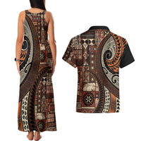 Vintage Samoa Siapo Mamanu Couples Matching Tank Maxi Dress and Hawaiian Shirt Brown Samoan Tapa Motif - Polynesian Pride