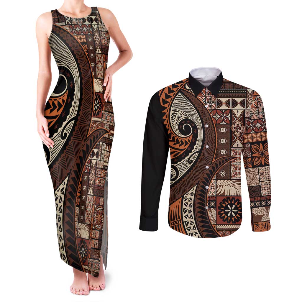 Vintage Samoa Siapo Mamanu Couples Matching Tank Maxi Dress and Long Sleeve Button Shirt Brown Samoan Tapa Motif - Polynesian Pride