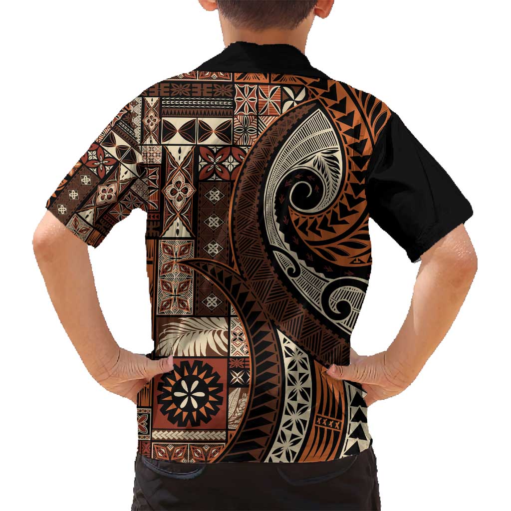 Vintage Samoa Siapo Mamanu Family Matching Long Sleeve Bodycon Dress and Hawaiian Shirt Brown Samoan Tapa Motif - Polynesian Pride