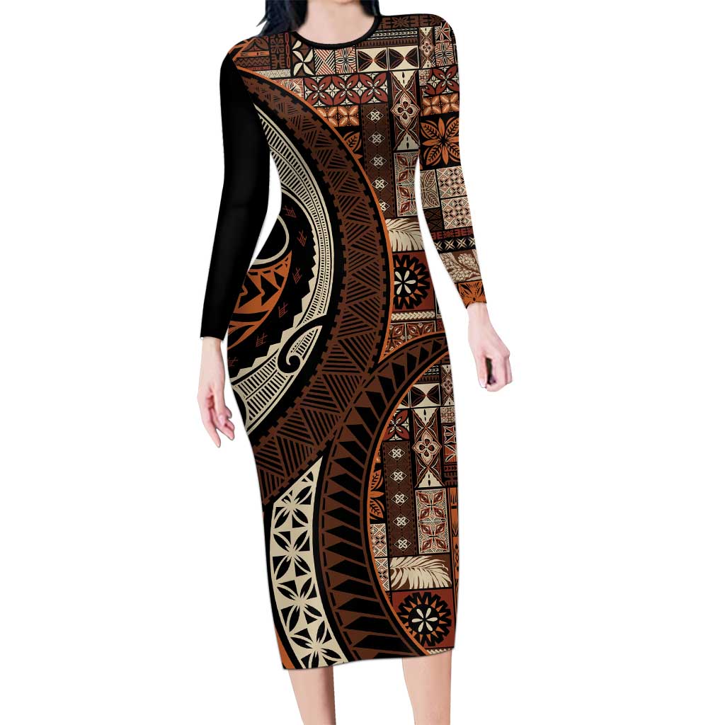 Vintage Samoa Siapo Mamanu Family Matching Long Sleeve Bodycon Dress and Hawaiian Shirt Brown Samoan Tapa Motif - Polynesian Pride