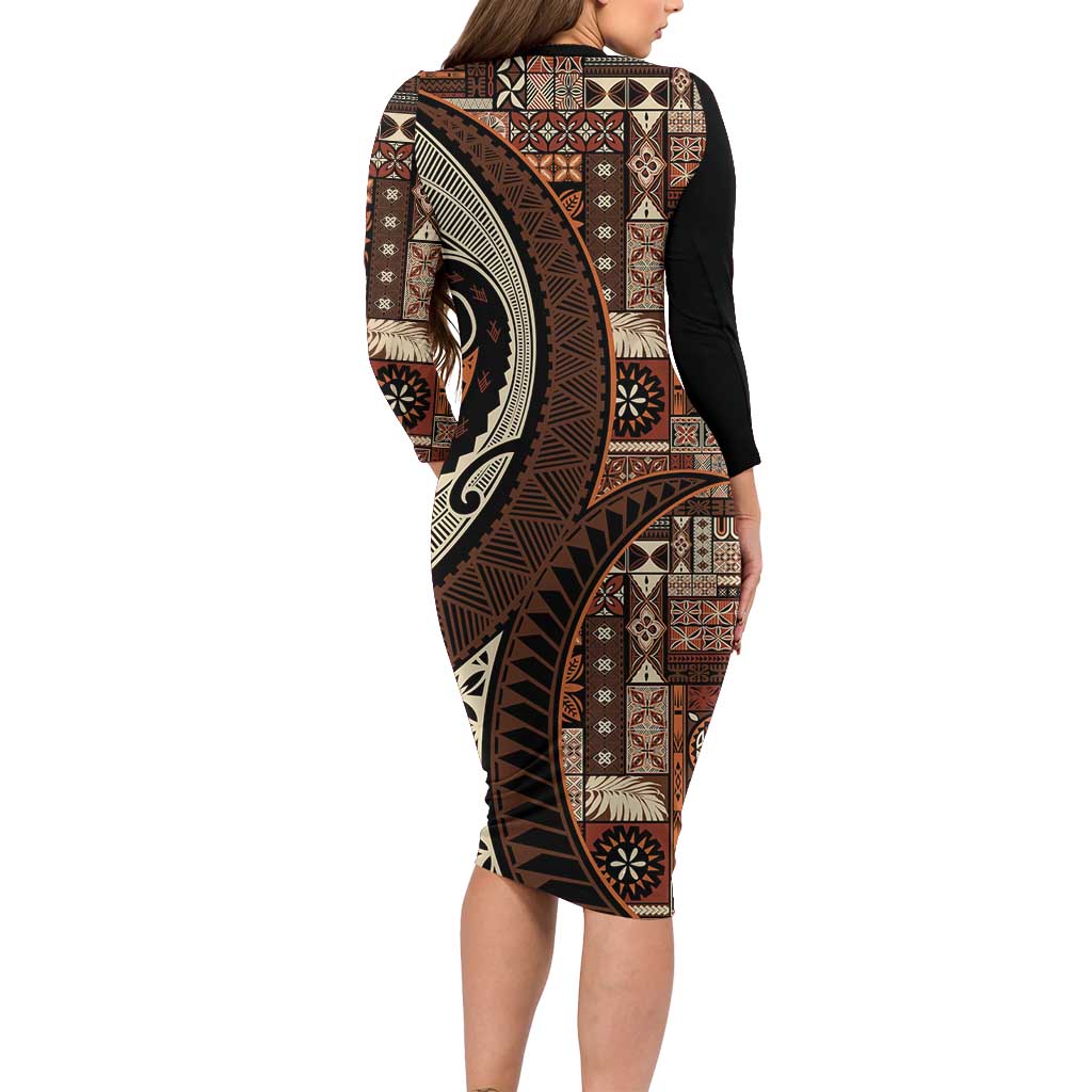 Vintage Samoa Siapo Mamanu Family Matching Long Sleeve Bodycon Dress and Hawaiian Shirt Brown Samoan Tapa Motif - Polynesian Pride