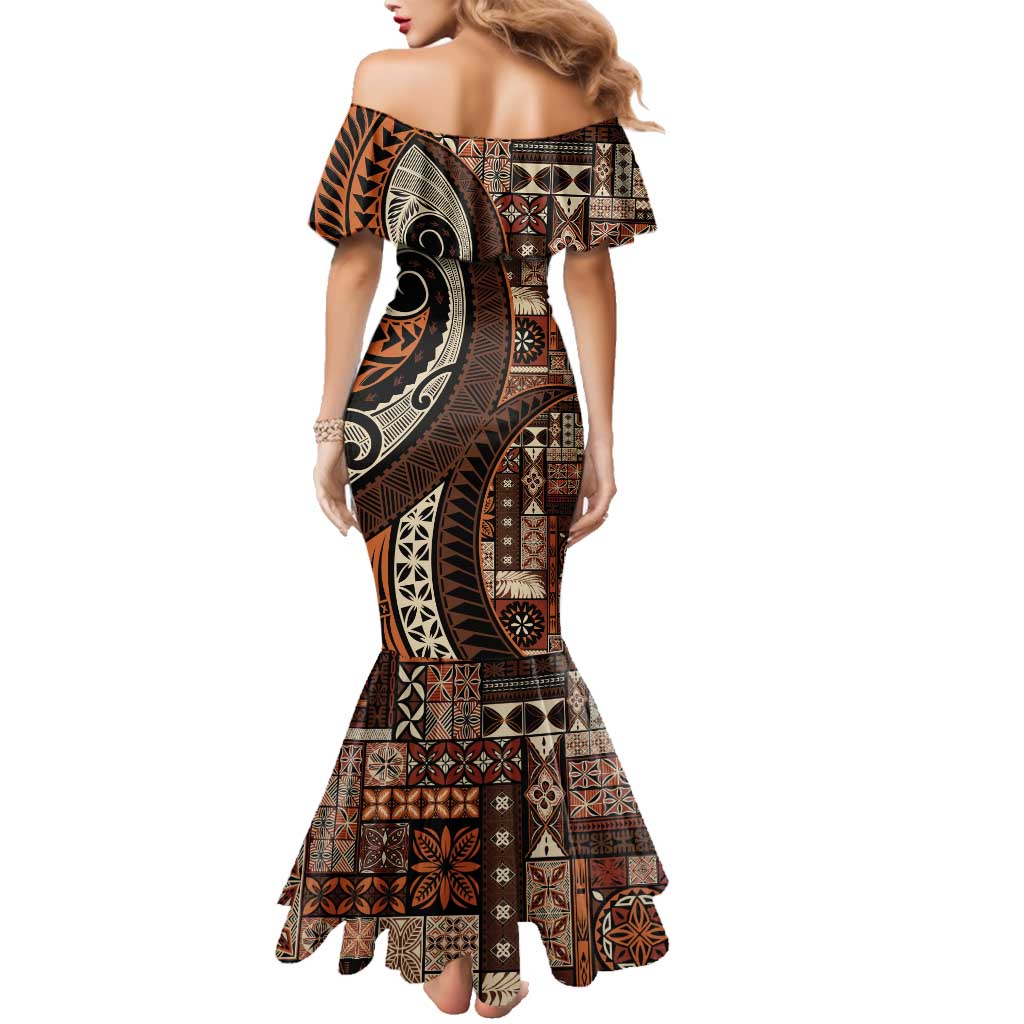 Vintage Samoa Siapo Mamanu Family Matching Mermaid Dress and Hawaiian Shirt Brown Samoan Tapa Motif - Polynesian Pride