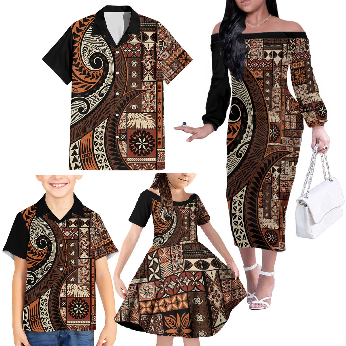 Vintage Samoa Siapo Mamanu Family Matching Off The Shoulder Long Sleeve Dress and Hawaiian Shirt Brown Samoan Tapa Motif - Polynesian Pride