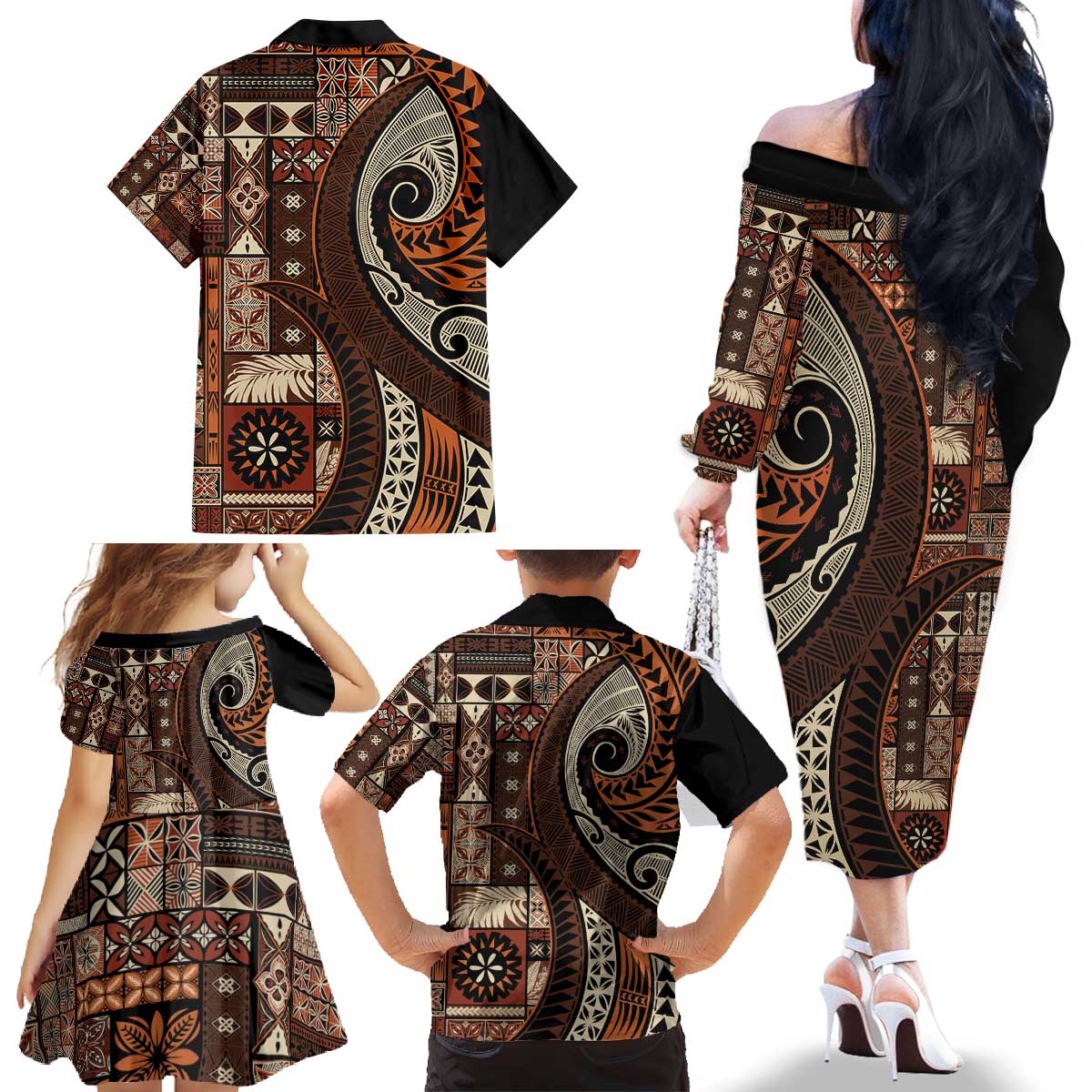 Vintage Samoa Siapo Mamanu Family Matching Off The Shoulder Long Sleeve Dress and Hawaiian Shirt Brown Samoan Tapa Motif - Polynesian Pride