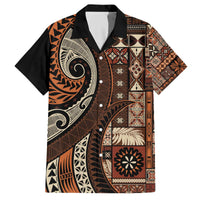 Vintage Samoa Siapo Mamanu Family Matching Off The Shoulder Long Sleeve Dress and Hawaiian Shirt Brown Samoan Tapa Motif - Polynesian Pride