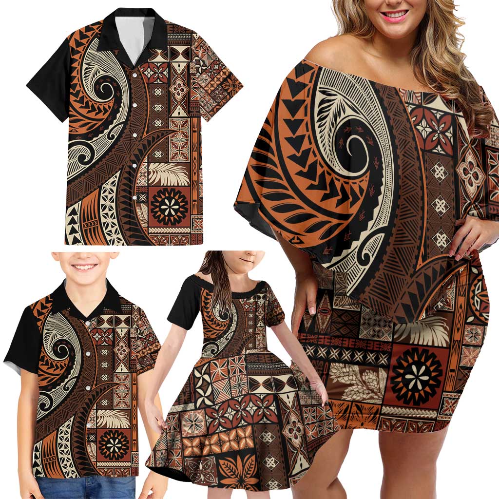 Vintage Samoa Siapo Mamanu Family Matching Off Shoulder Short Dress and Hawaiian Shirt Brown Samoan Tapa Motif - Polynesian Pride