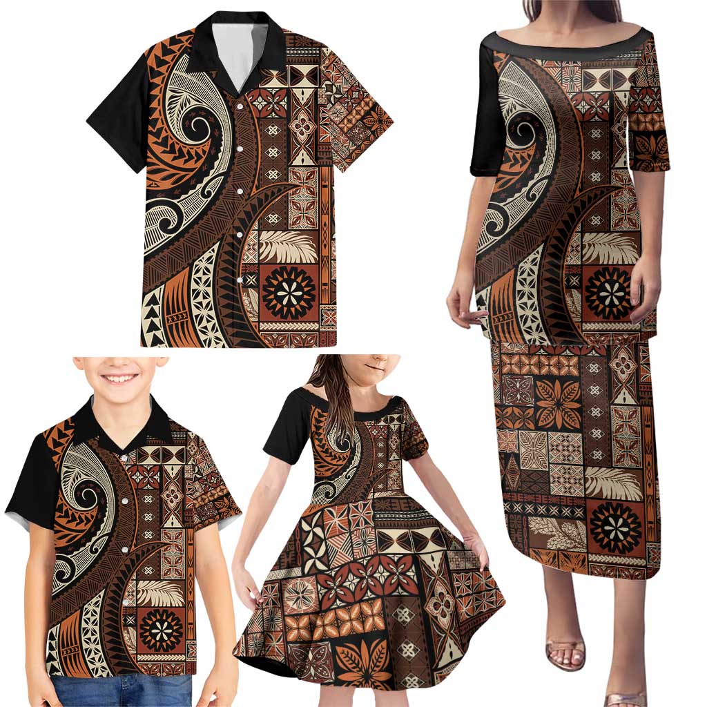Vintage Samoa Siapo Mamanu Family Matching Puletasi and Hawaiian Shirt Brown Samoan Tapa Motif - Polynesian Pride