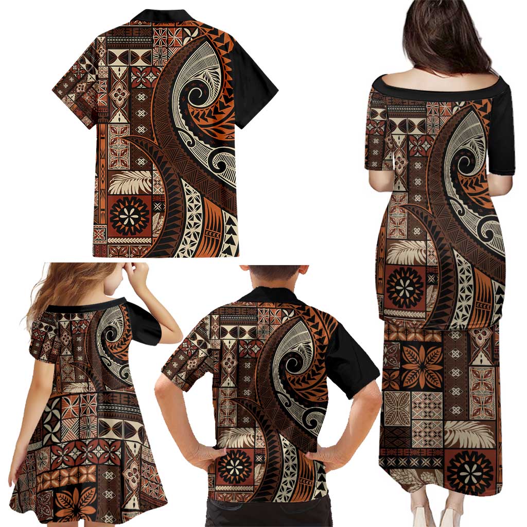 Vintage Samoa Siapo Mamanu Family Matching Puletasi and Hawaiian Shirt Brown Samoan Tapa Motif - Polynesian Pride