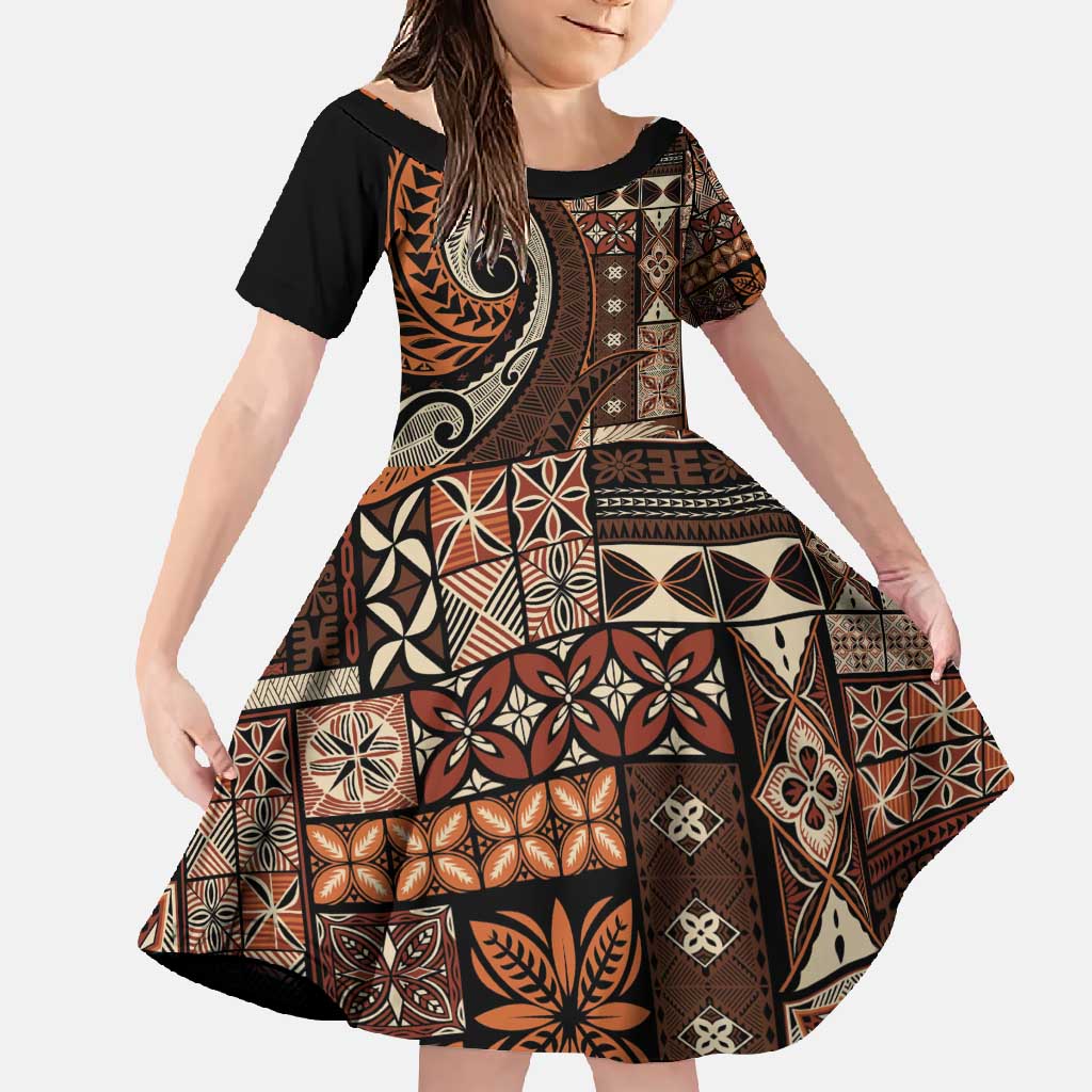 Vintage Samoa Siapo Mamanu Family Matching Short Sleeve Bodycon Dress and Hawaiian Shirt Brown Samoan Tapa Motif - Polynesian Pride