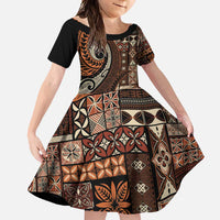 Vintage Samoa Siapo Mamanu Family Matching Short Sleeve Bodycon Dress and Hawaiian Shirt Brown Samoan Tapa Motif - Polynesian Pride