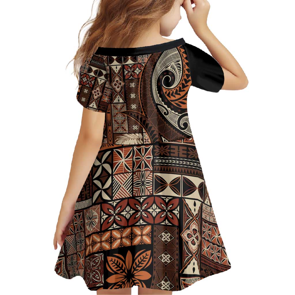 Vintage Samoa Siapo Mamanu Family Matching Short Sleeve Bodycon Dress and Hawaiian Shirt Brown Samoan Tapa Motif - Polynesian Pride