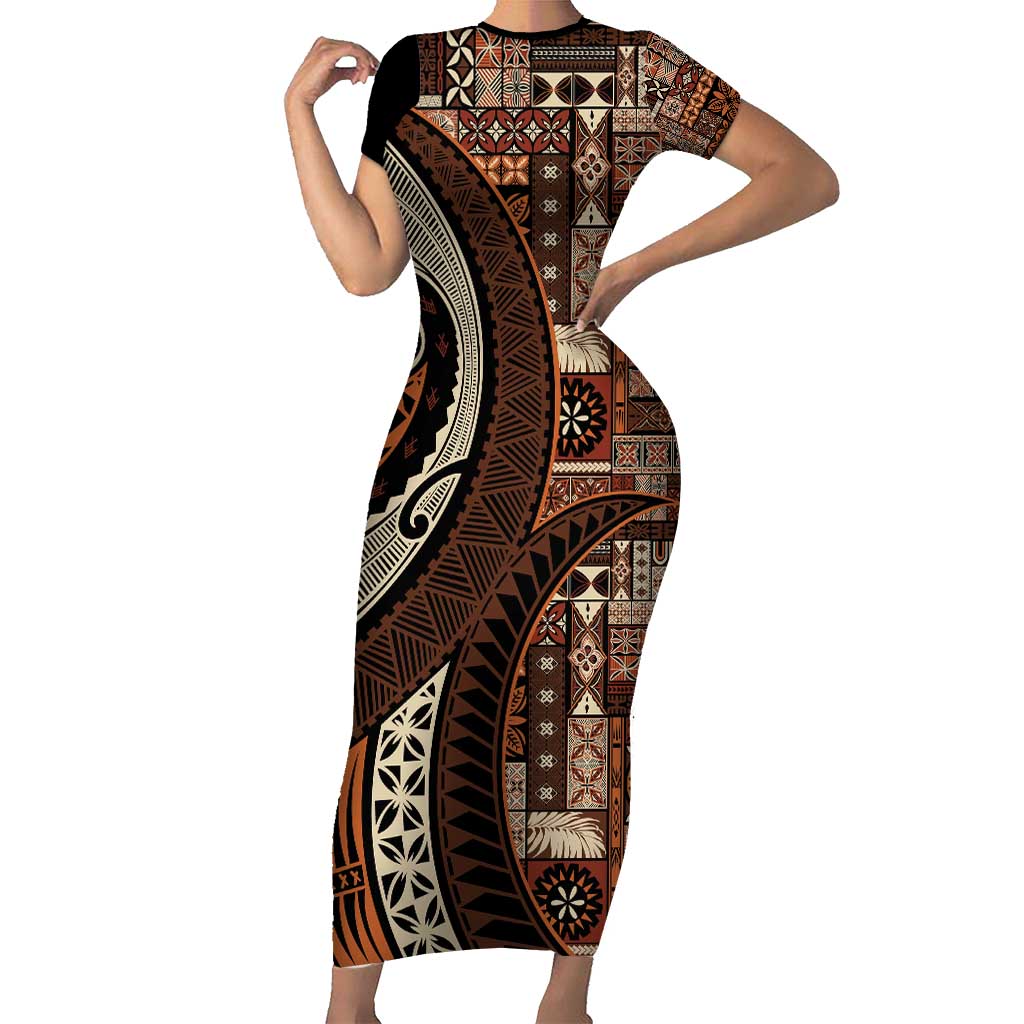 Vintage Samoa Siapo Mamanu Family Matching Short Sleeve Bodycon Dress and Hawaiian Shirt Brown Samoan Tapa Motif - Polynesian Pride