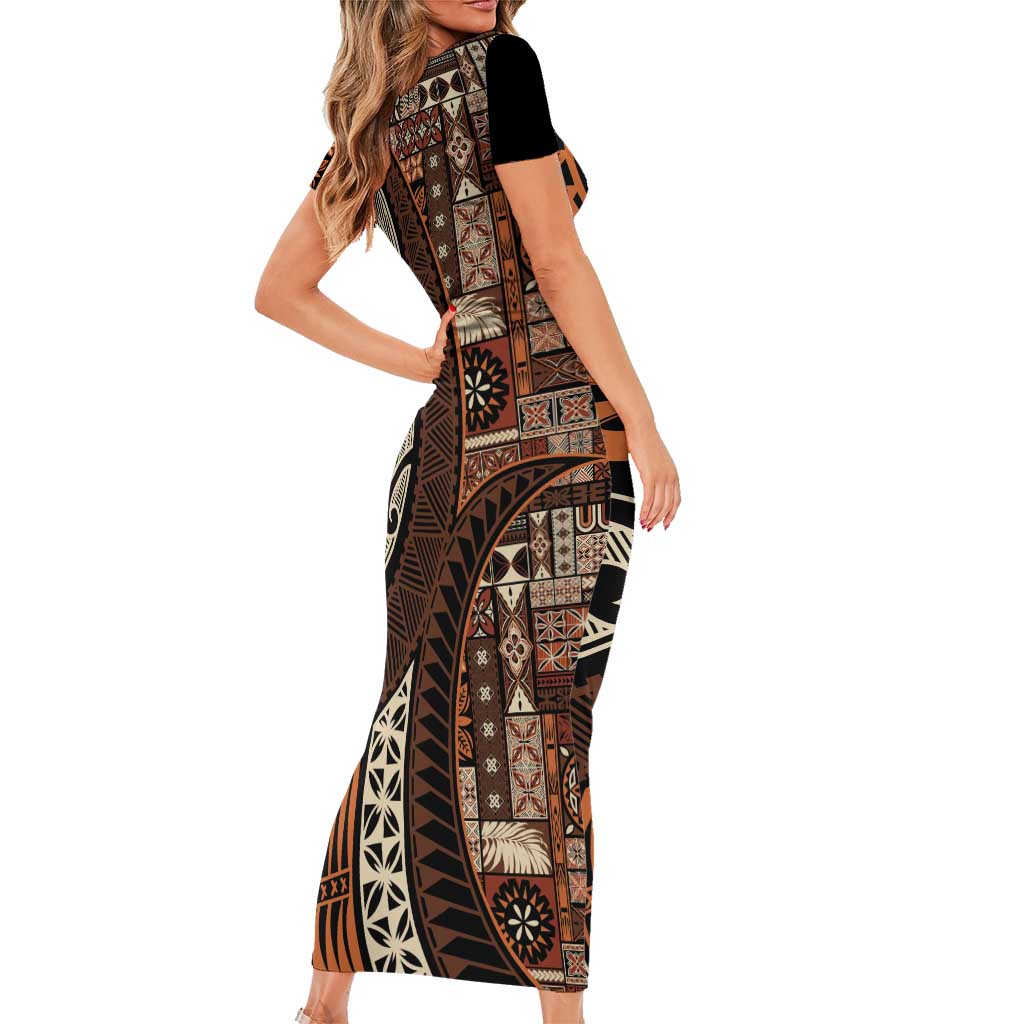 Vintage Samoa Siapo Mamanu Family Matching Short Sleeve Bodycon Dress and Hawaiian Shirt Brown Samoan Tapa Motif - Polynesian Pride