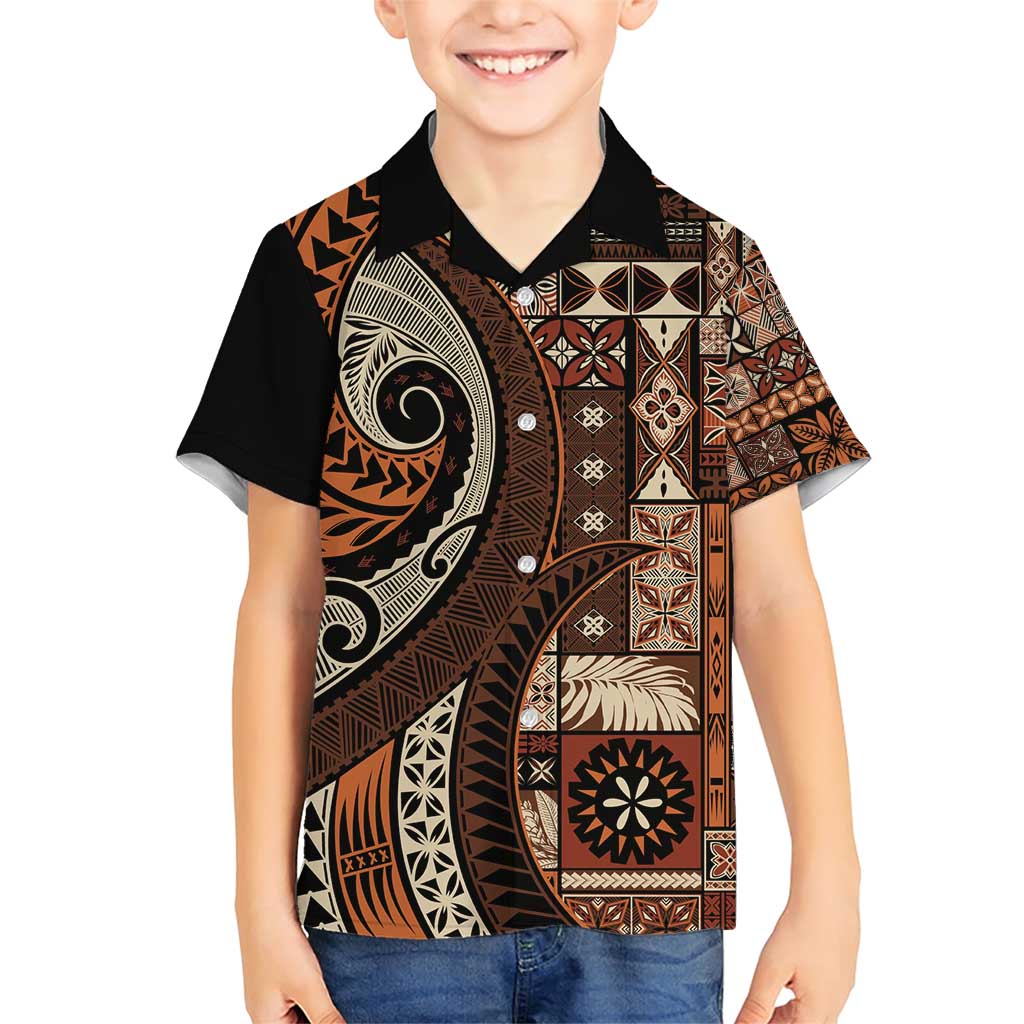 Vintage Samoa Siapo Mamanu Family Matching Short Sleeve Bodycon Dress and Hawaiian Shirt Brown Samoan Tapa Motif - Polynesian Pride
