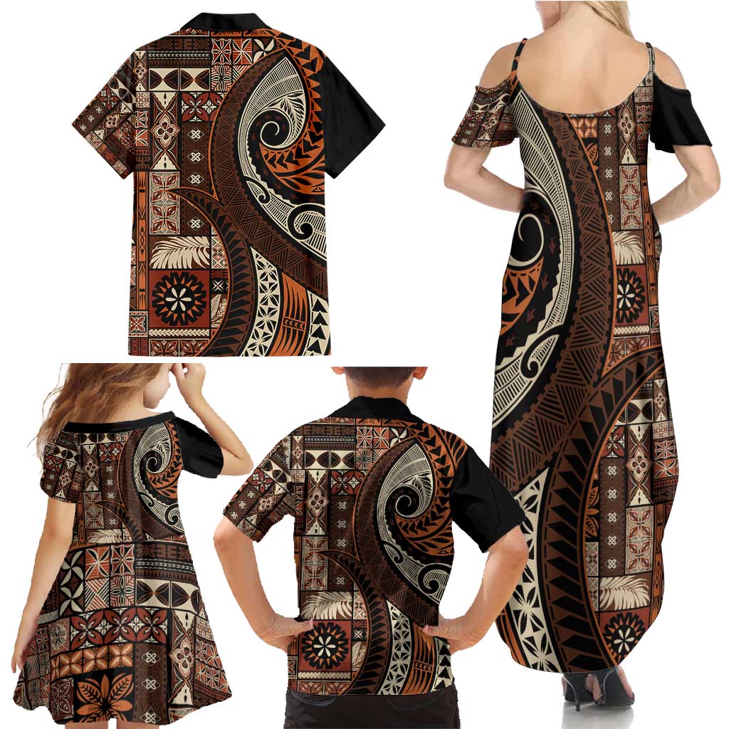 Vintage Samoa Siapo Mamanu Family Matching Summer Maxi Dress and Hawaiian Shirt Brown Samoan Tapa Motif - Polynesian Pride