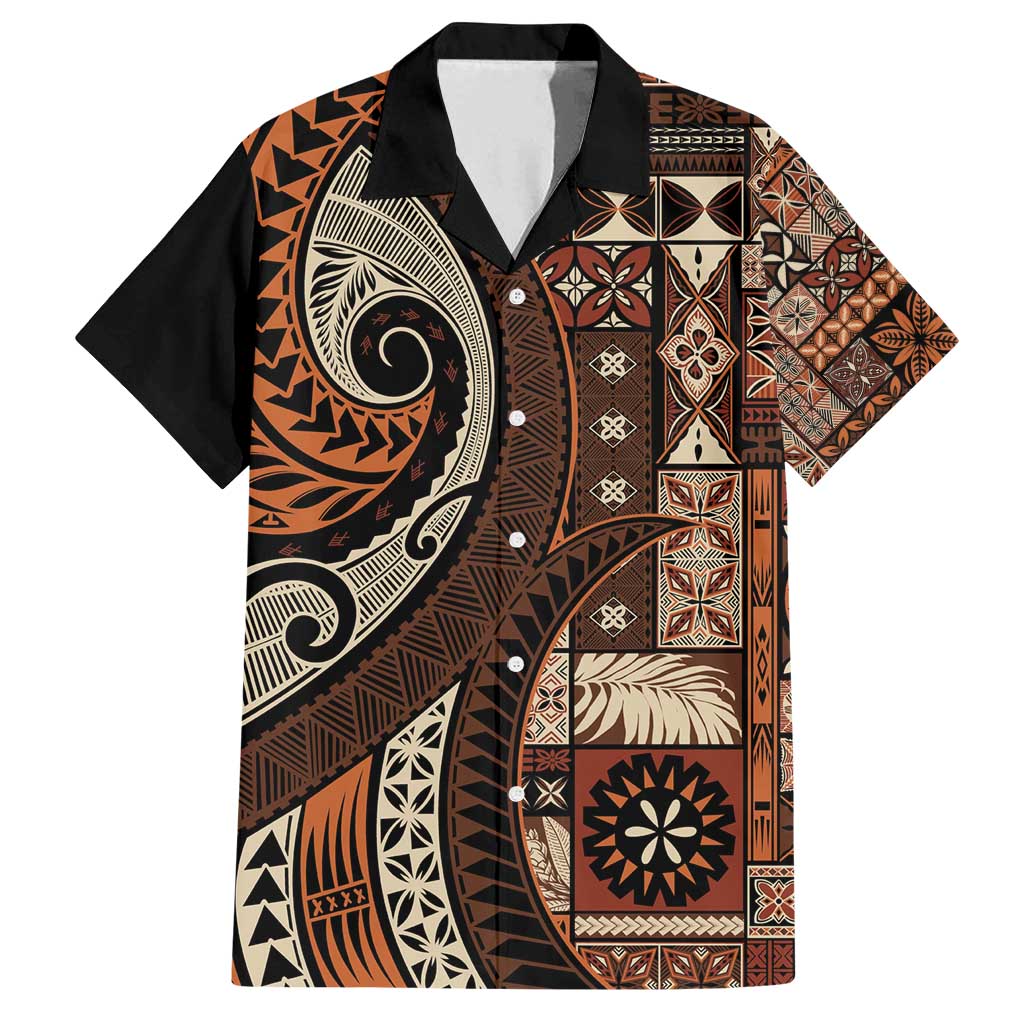 Vintage Samoa Siapo Mamanu Family Matching Summer Maxi Dress and Hawaiian Shirt Brown Samoan Tapa Motif - Polynesian Pride