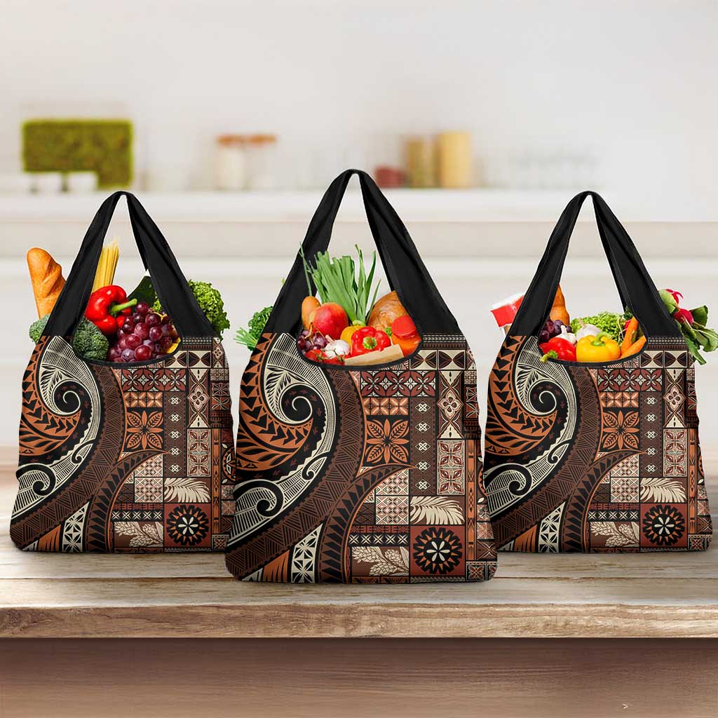 Vintage Samoa Siapo Mamanu Grocery Bag Brown Samoan Tapa Motif LT9 3-pack One Size Brown - Polynesian Pride