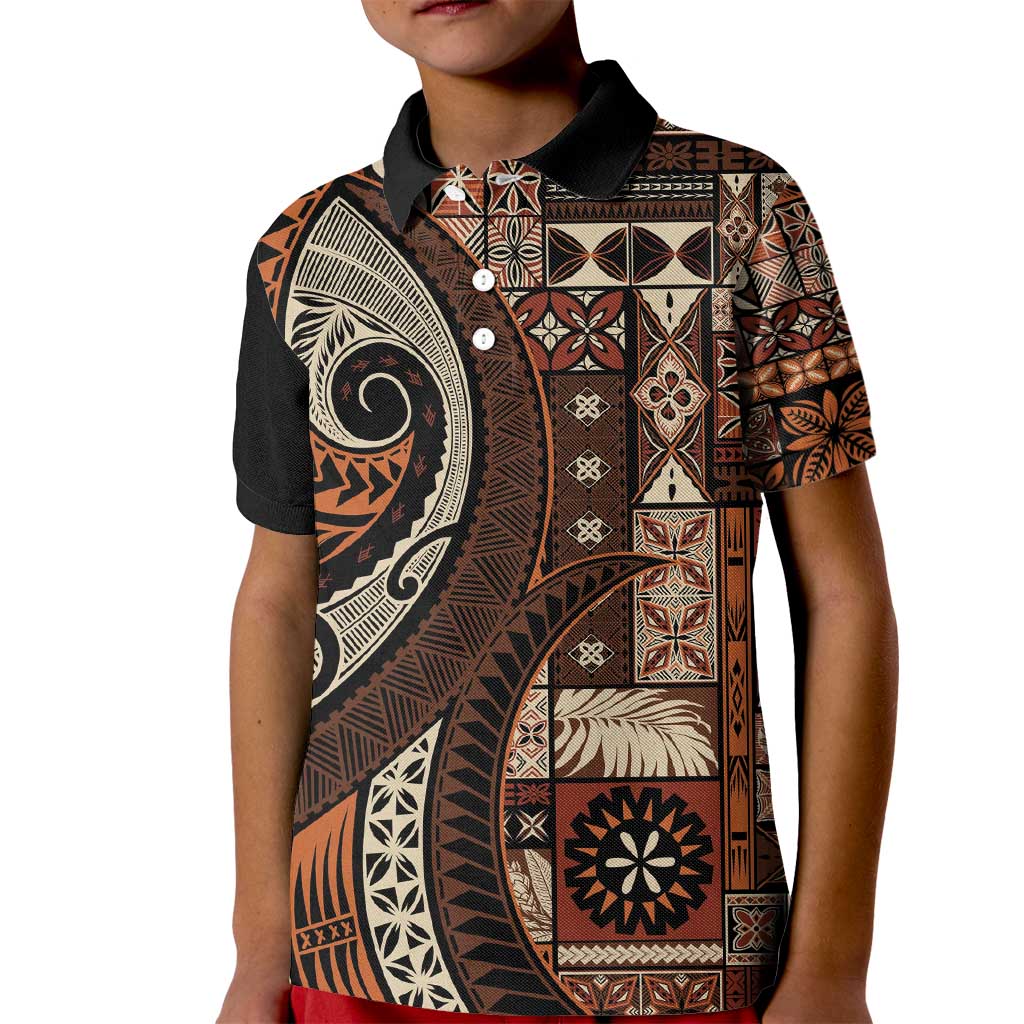 Vintage Samoa Siapo Mamanu Kid Polo Shirt Brown Samoan Tapa Motif - Polynesian Pride