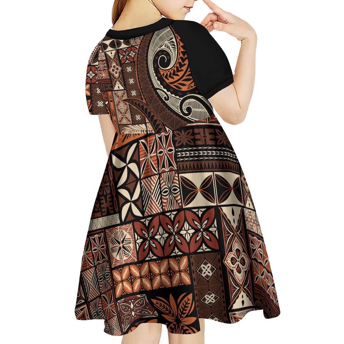 Vintage Samoa Siapo Mamanu Kid Short Sleeve Dress Brown Samoan Tapa Motif - Polynesian Pride