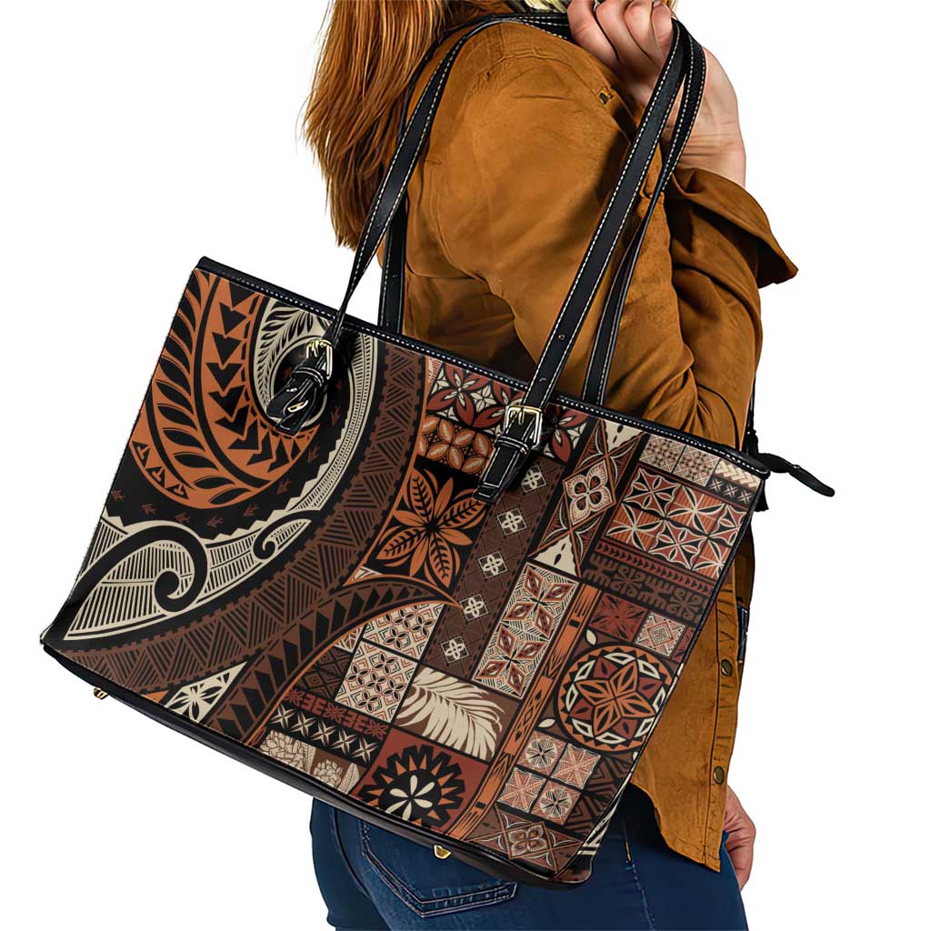 Vintage Samoa Siapo Mamanu Leather Tote Bag Brown Samoan Tapa Motif - Polynesian Pride