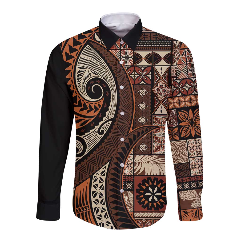 Vintage Samoa Siapo Mamanu Long Sleeve Button Shirt Brown Samoan Tapa Motif LT9 Unisex Brown - Polynesian Pride