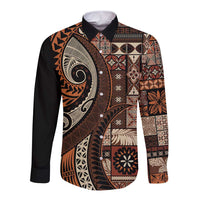Vintage Samoa Siapo Mamanu Long Sleeve Button Shirt Brown Samoan Tapa Motif LT9 Unisex Brown - Polynesian Pride