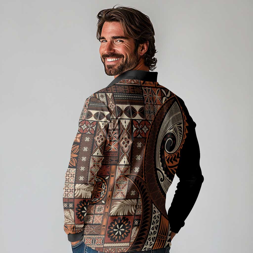 Vintage Samoa Siapo Mamanu Long Sleeve Polo Shirt Brown Samoan Tapa Motif - Polynesian Pride