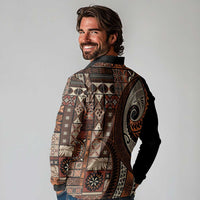 Vintage Samoa Siapo Mamanu Long Sleeve Polo Shirt Brown Samoan Tapa Motif - Polynesian Pride