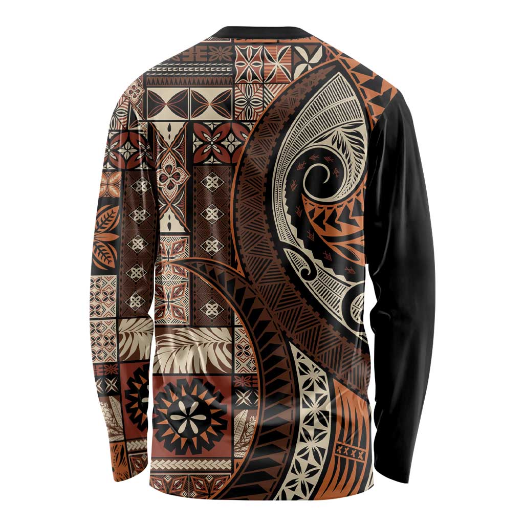 Vintage Samoa Siapo Mamanu Long Sleeve Shirt Brown Samoan Tapa Motif LT9 - Polynesian Pride
