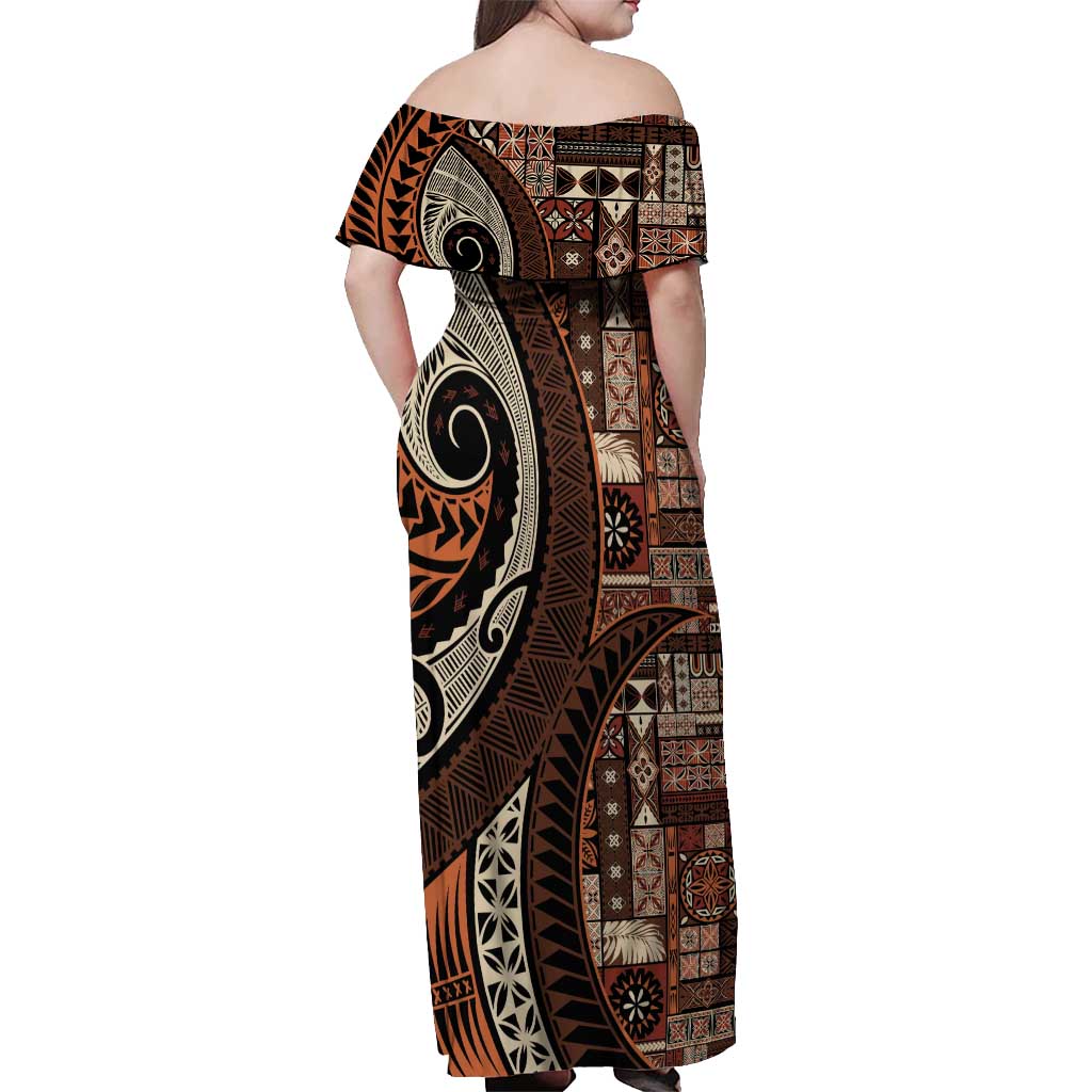 Vintage Samoa Siapo Mamanu Off Shoulder Maxi Dress Brown Samoan Tapa Motif - Polynesian Pride