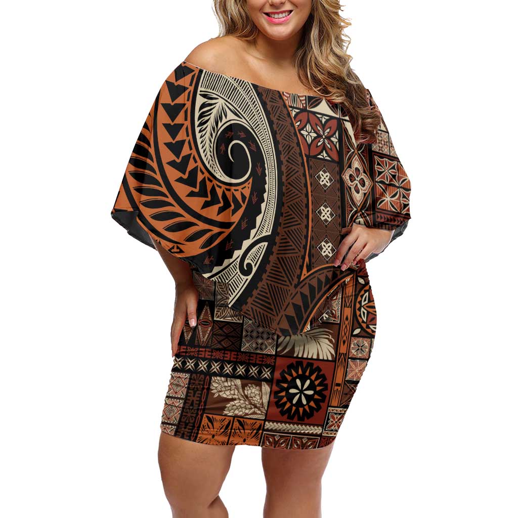 Vintage Samoa Siapo Mamanu Off Shoulder Short Dress Brown Samoan Tapa Motif - Polynesian Pride