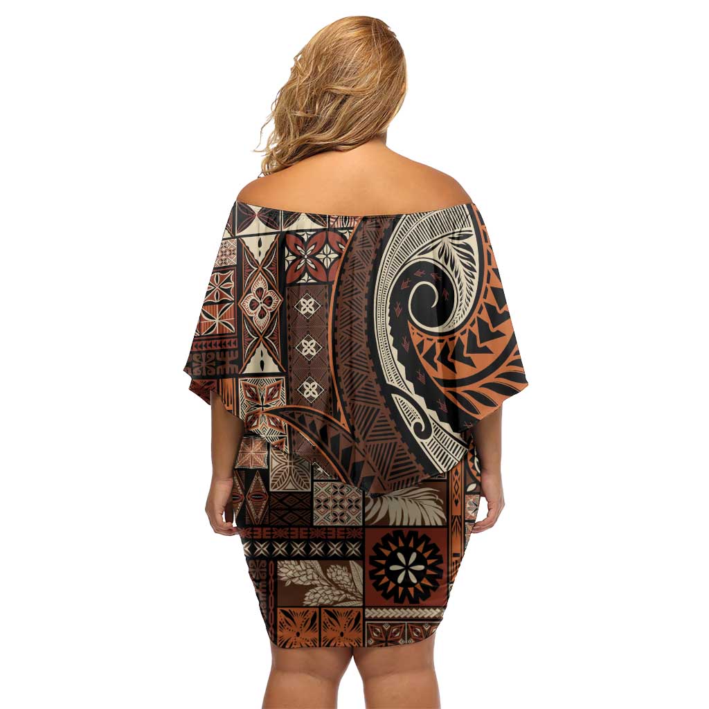 Vintage Samoa Siapo Mamanu Off Shoulder Short Dress Brown Samoan Tapa Motif - Polynesian Pride