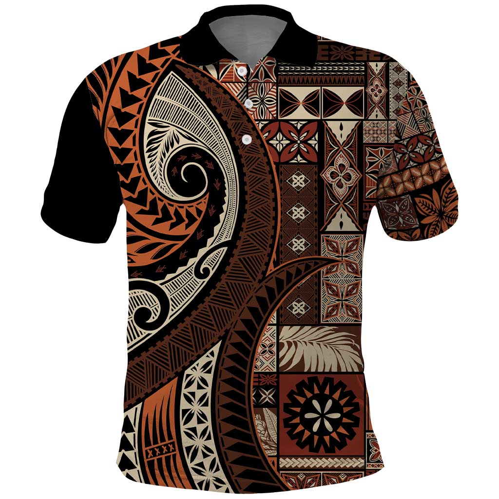 Vintage Samoa Siapo Mamanu Polo Shirt Brown Samoan Tapa Motif - Polynesian Pride