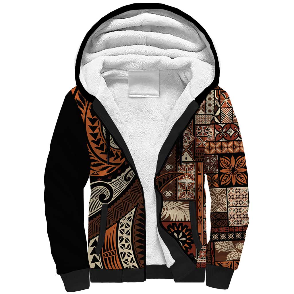 Vintage Samoa Siapo Mamanu Sherpa Hoodie Brown Samoan Tapa Motif LT9 Unisex Brown - Polynesian Pride