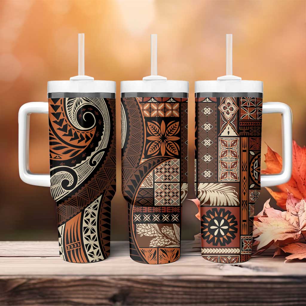 Vintage Samoa Siapo Mamanu Tumbler With Handle Brown Samoan Tapa Motif - Polynesian Pride