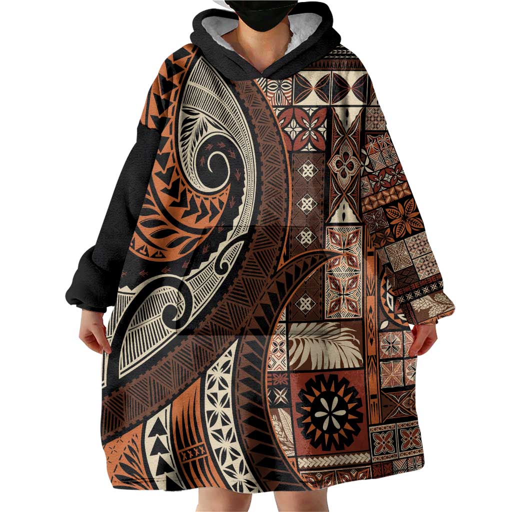 Vintage Samoa Siapo Mamanu Wearable Blanket Hoodie Brown Samoan Tapa Motif LT9 - Polynesian Pride