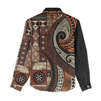 Vintage Samoa Siapo Mamanu Women Casual Shirt Brown Samoan Tapa Motif - Polynesian Pride