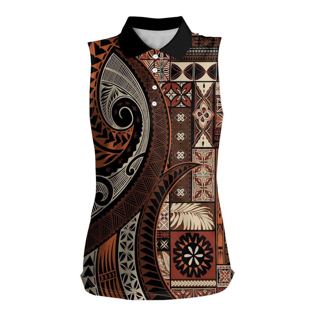 Vintage Samoa Siapo Mamanu Women Sleeveless Polo Shirt Brown Samoan Tapa Motif - Polynesian Pride
