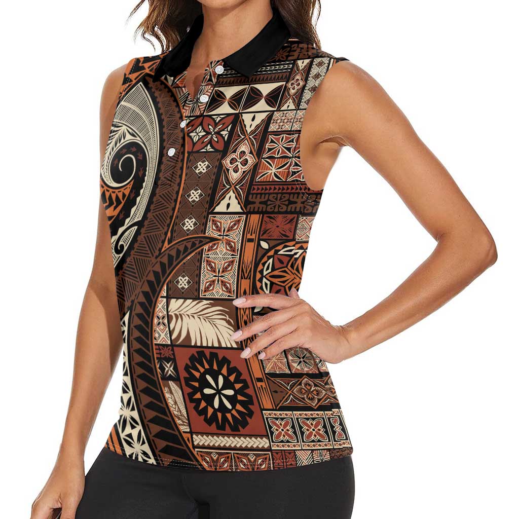 Vintage Samoa Siapo Mamanu Women Sleeveless Polo Shirt Brown Samoan Tapa Motif - Polynesian Pride