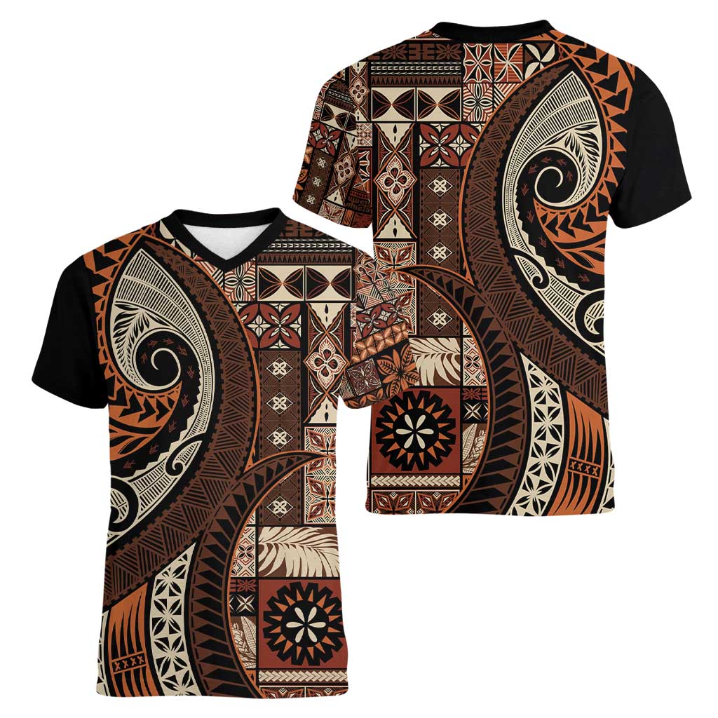 Vintage Samoa Siapo Mamanu Women V-Neck T-Shirt Brown Samoan Tapa Motif - Polynesian Pride