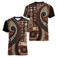 Vintage Samoa Siapo Mamanu Women V-Neck T-Shirt Brown Samoan Tapa Motif - Polynesian Pride