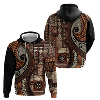 Vintage Samoa Siapo Mamanu Zip Hoodie Brown Samoan Tapa Motif - Polynesian Pride
