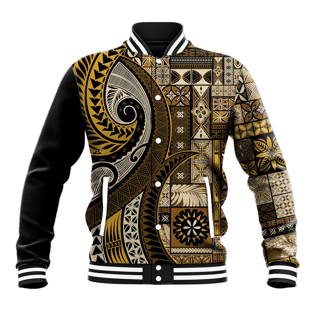 Vintage Samoa Siapo Mamanu Baseball Jacket Gold Samoan Tapa Motif LT9 Unisex Gold - Polynesian Pride