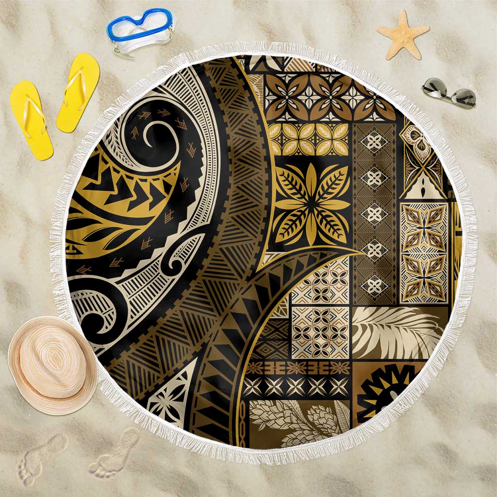 Vintage Samoa Siapo Mamanu Beach Blanket Gold Samoan Tapa Motif LT9 One Size 150cm Gold - Polynesian Pride